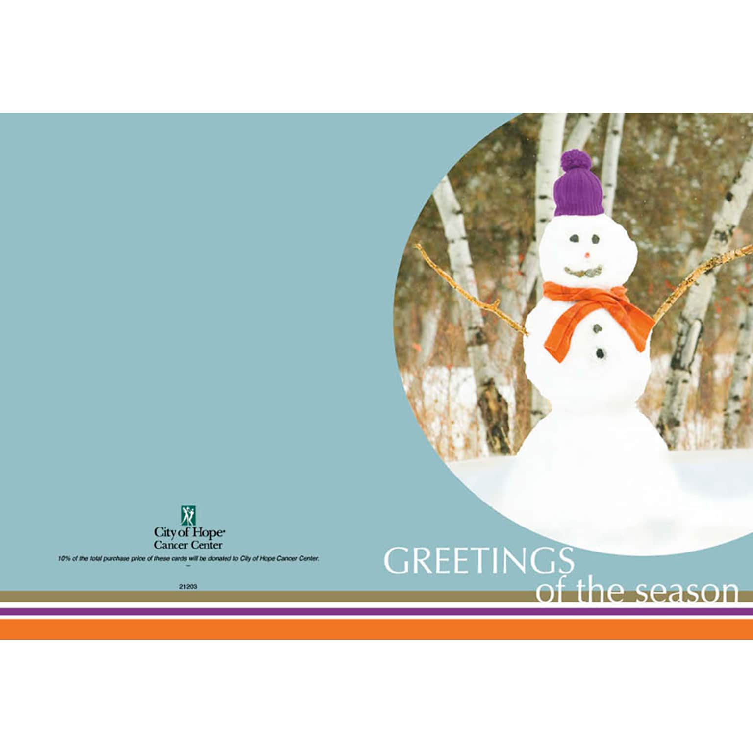 Greetings of the Season - cancer center card - snowman - 7 x 10 scored for folding to 7 x 5, 25 cards w/A7 envelopes per set