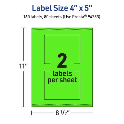 Avery Laser/Inkjet Multipurpose Rectangle Labels, 4" x 5", Neon Green, 160/Box (94253)