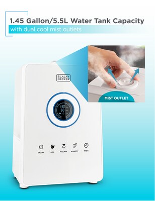 Black & Decker Ultrasonic Cool Mist Tabletop Humidifier, 1.45-Gallon, For Rooms up to 600 sq. ft., White (BUHD055)