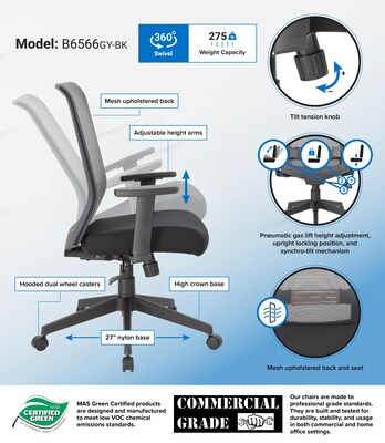 Boss Office Products Ergonomic Mesh Swivel Task Chair, Black/Grey (B6566GY-BK)
