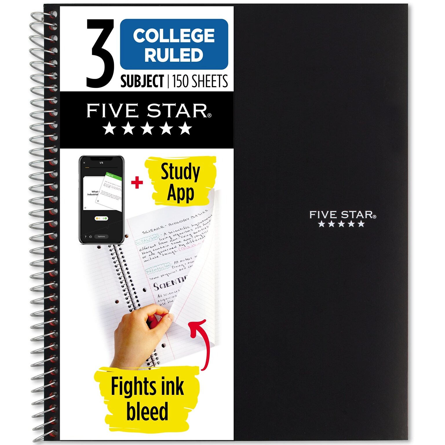 Five Star 3-Subject Wirebound Notebook, 8-1/2 x 11, College Ruled, 150 Sheets, Black (72069)