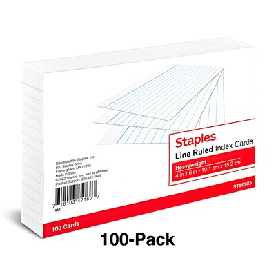 Staples™ 4" x 6" Index Cards, Lined, White, 100/Pack (TR50985)