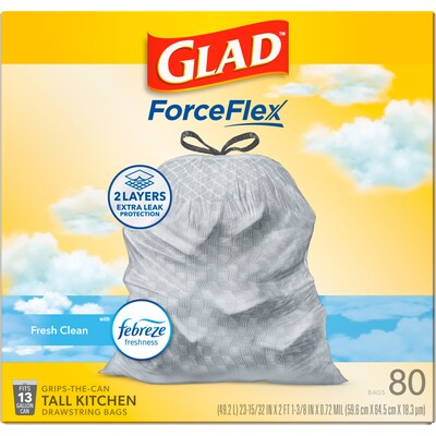 Glad ForceFlex Tall 13 Gallon Drawstring Kitchen Trash Bag, Fresh Clean with Febreze Freshness, White, 80 Total Bags (78534)
