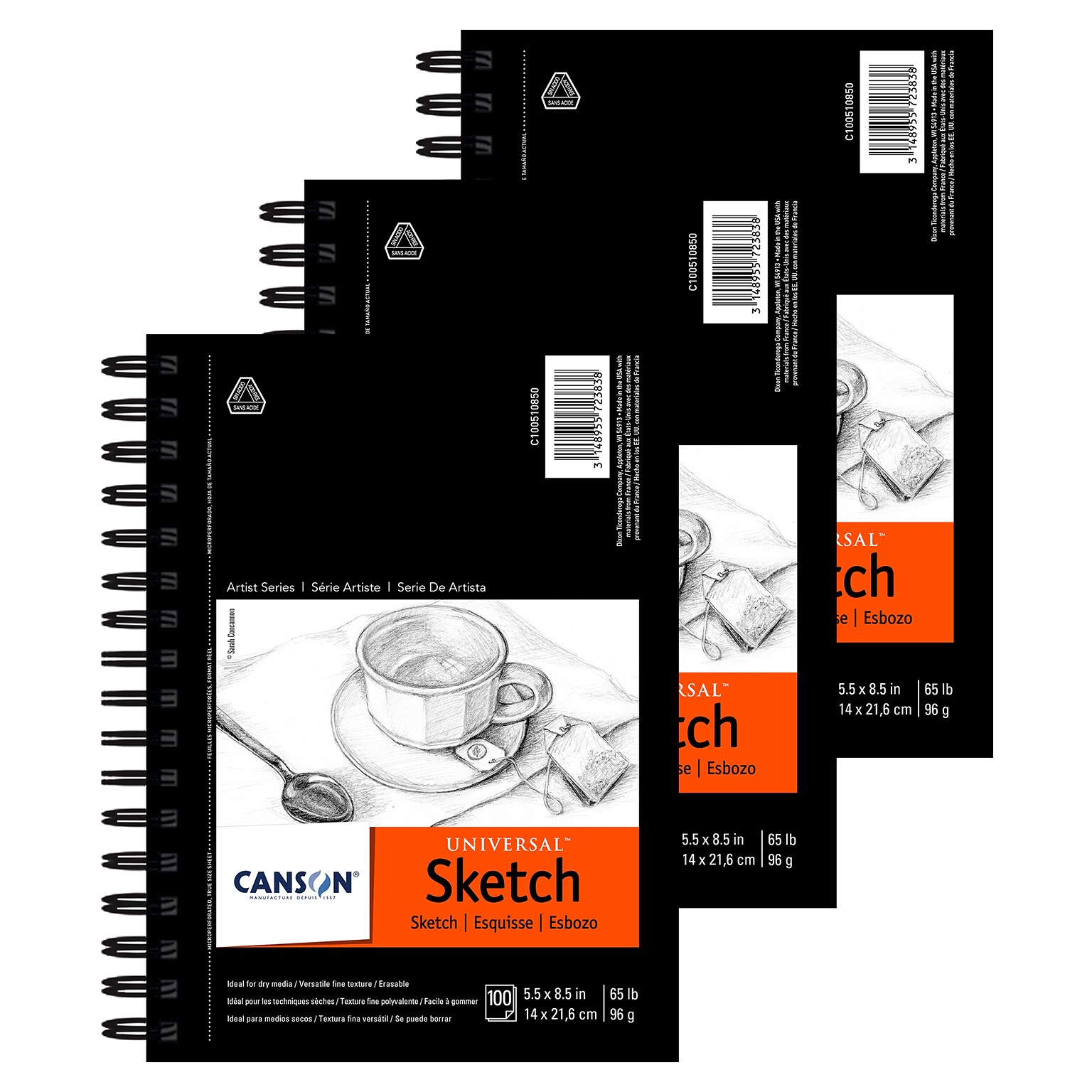 Canson Artist Series 5.5 x 8.5 Wire Bound Universal Drawing Sketch Pad, 100 Sheets/Pad, 3/Bundle (MCXC100510850-3)