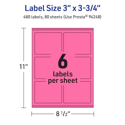 Avery Laser/Inkjet Rectangle Multipurpose Labels, 3" x 3.75", Bright Pink, 480/Box (94248)