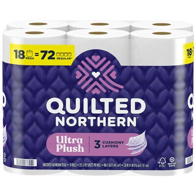 Quilted Northern Ultra Plush Toilet Paper, 3-ply, White, 255 Sheets/Roll, 18 Rolls/Case (876045)