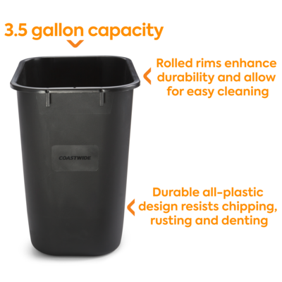 Coastwide Professional™ Indoor Trash Can Without Lid, Black Soft Molded Plastic, 3.5 Gallon (CW56428)