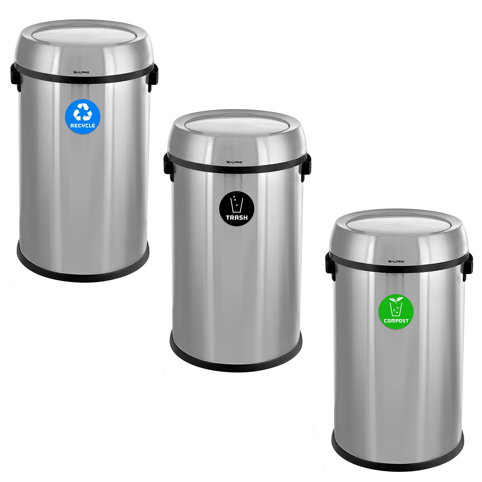 Alpine Industries Three-Stream Trash/Compost/Recycling Station, 51-Gallon, Stainless Steel (ALP470-65L-1-R-T-CO)