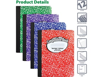 Better Office 1-Subject Composition Notebooks, 7.5 x 9.75, Wide Ruled, 100 Sheets, Assorted Colors