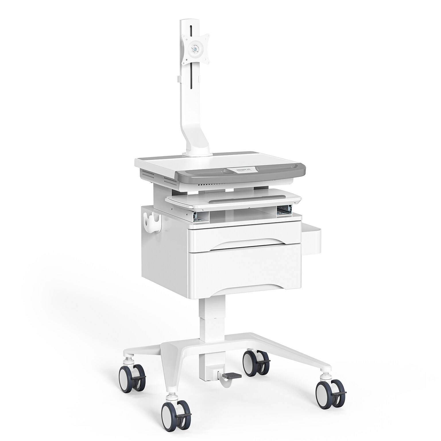 Mount-It! MedHub Mobile Medical Cart Workstation with Drawers, Monitor Mount, and Locking Caster Wheels, White/Grey (MI-16025)