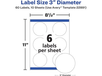 Avery Sure Feed Laser/Inkjet Round Labels, 3 Dia, Glossy White, 60 Labels/Pack (22891)