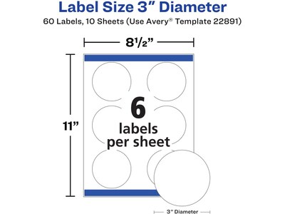 Avery Laser/Inkjet Round Multipurpose Label, 3Dia., Glossy White, 6 Labels/Sheet, 10 Sheets/Pack (2