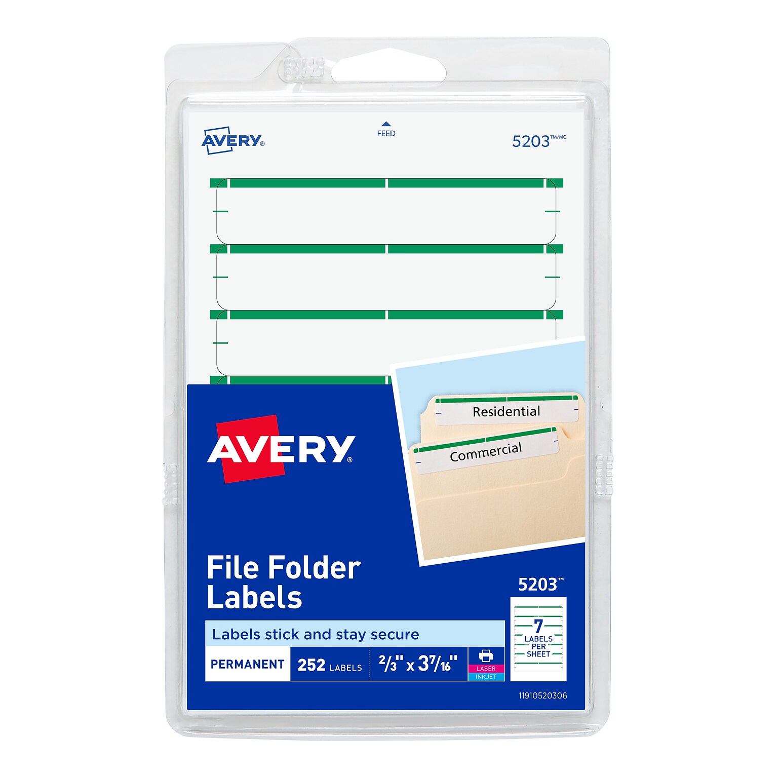 Avery Easy Peel Laser/Inkjet File Folder Labels, 2/3 x 3-7/16, White/Green, 252 Labels/Pack (5203)