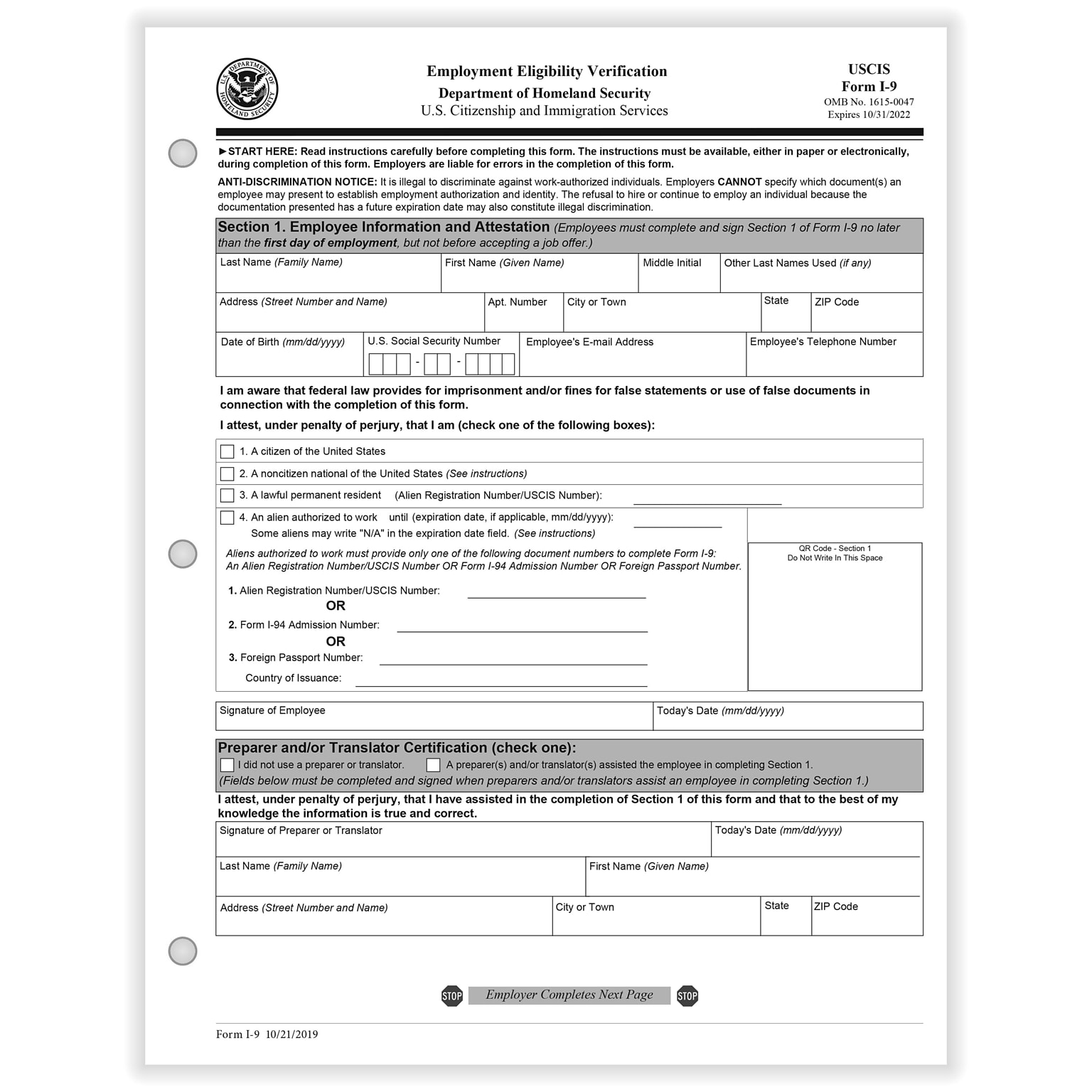 ComplyRight® 2023 I-9 Employment Eligibility Verification Form, 50/Pack (A2416)