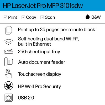 HP LaserJet Pro MFP 3101sdw Wireless Black & White All-in-One Laser Printer, Scanner, Copier, Best for Office (9D2X4F)