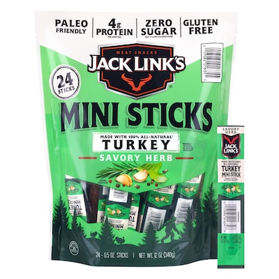 Jack Links Savory Herb Mini Turkey Meat Sticks, 0.5 oz, 24/Pack (220-02905)