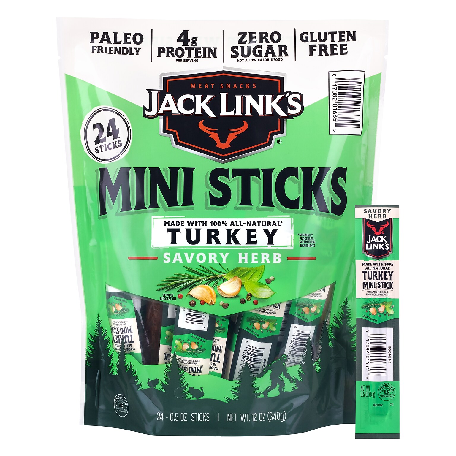 Jack Links Savory Herb Mini Turkey Meat Sticks, 0.5 oz, 24/Pack (220-02905)