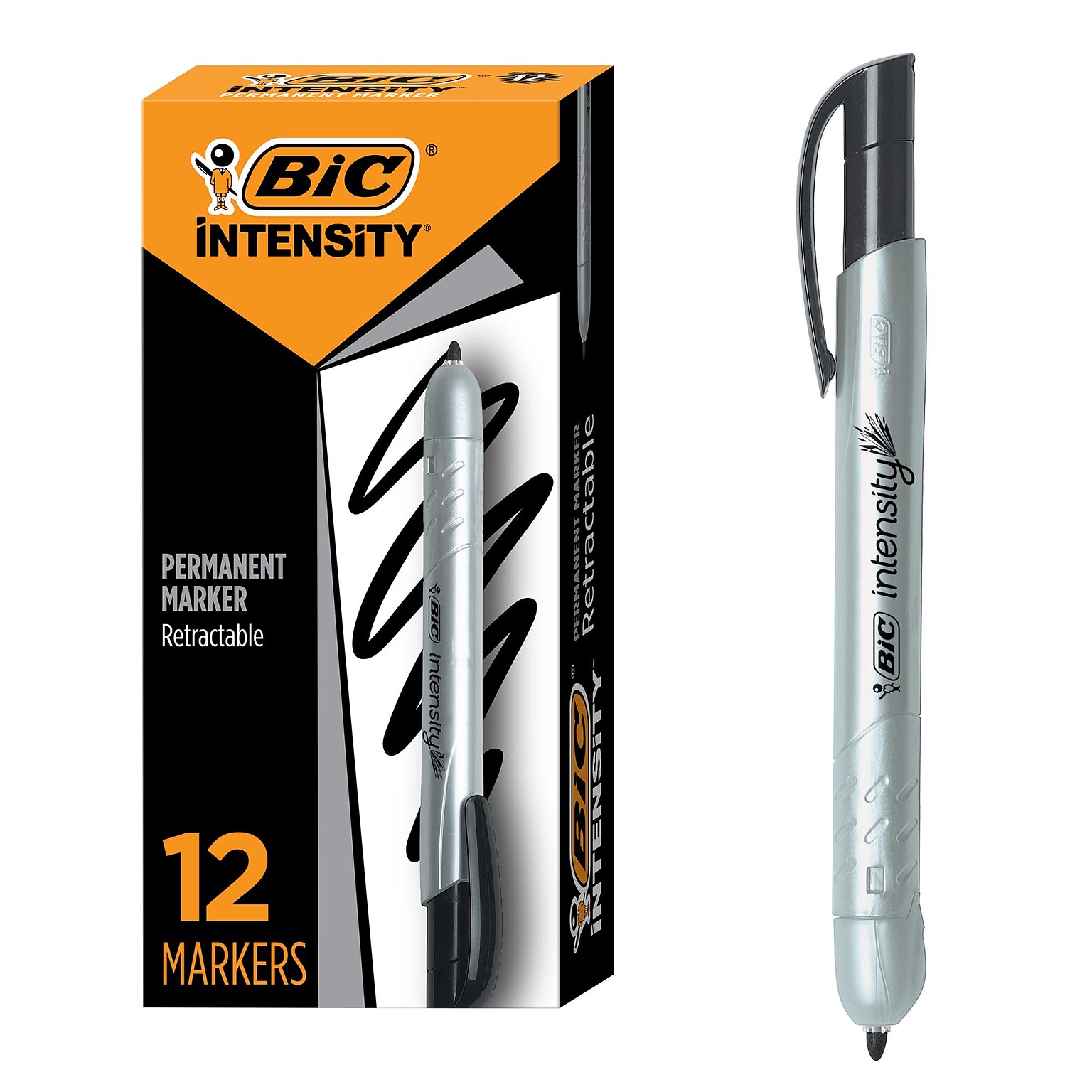 BIC Intensity Retractable Permanent Markers, Fine Tip, Black, 12/Pack (PMR11BK)