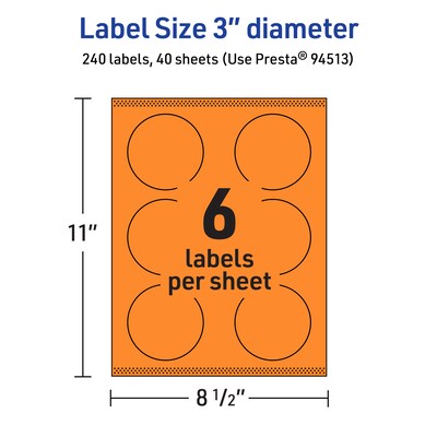 Avery Laser/Inkjet Multipurpose Circle Labels, 3" Dia., Bright Orange, 240/Pack (94513)
