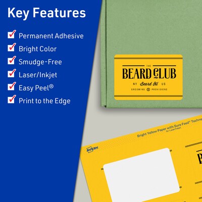 Avery Laser/Inkjet Rectangle Multipurpose Labels, 1.5" x 3.75", Bright Yellow, 200/Pack (94205)