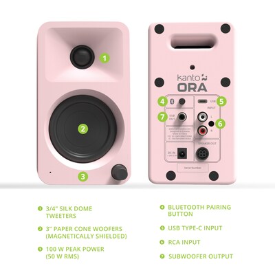 Kanto ORA 100W Bluetooth Reference Desktop Speakers, Pink, Pair (ORAMP)