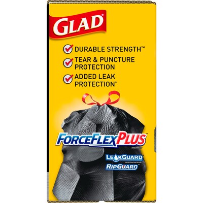 Glad ForceFlexPlus 30 Gallon Trash Bag, 5.31" x 10.06", Low Density, 0.90 mil, Black (70358)