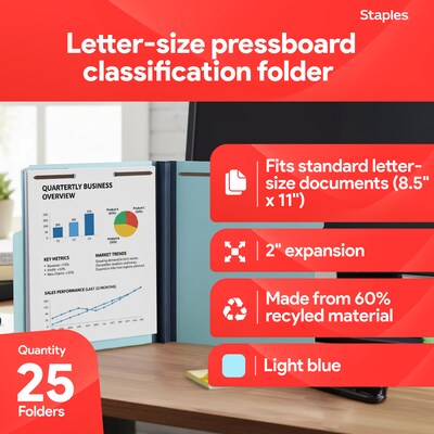 Staples® 60% Recycled Pressboard Classification Folder, 2 Expansion, Letter Size, Light Blue, 25/Box (ST384868/384868)