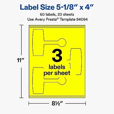 Avery Laser/Inkjet Multipurpose Labels, 5-1/8" x 4", Neon Yellow, 60 Labels/Pack (19479370729)