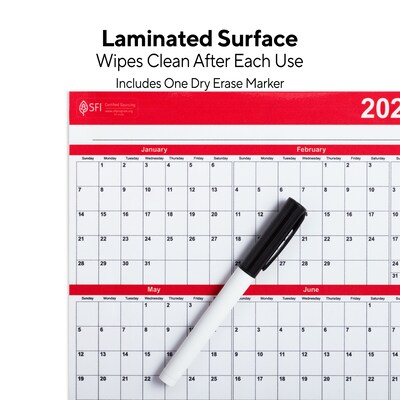 2025 Staples 15.69" x 12" Dry Erase Wall Calendar, Red/White (ST53905-25)