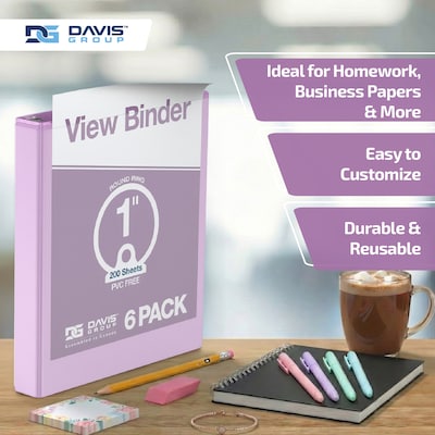 Davis Group Standard View 1" 3-Ring Binders, Lavender, 6/Pack (7411-13-06)