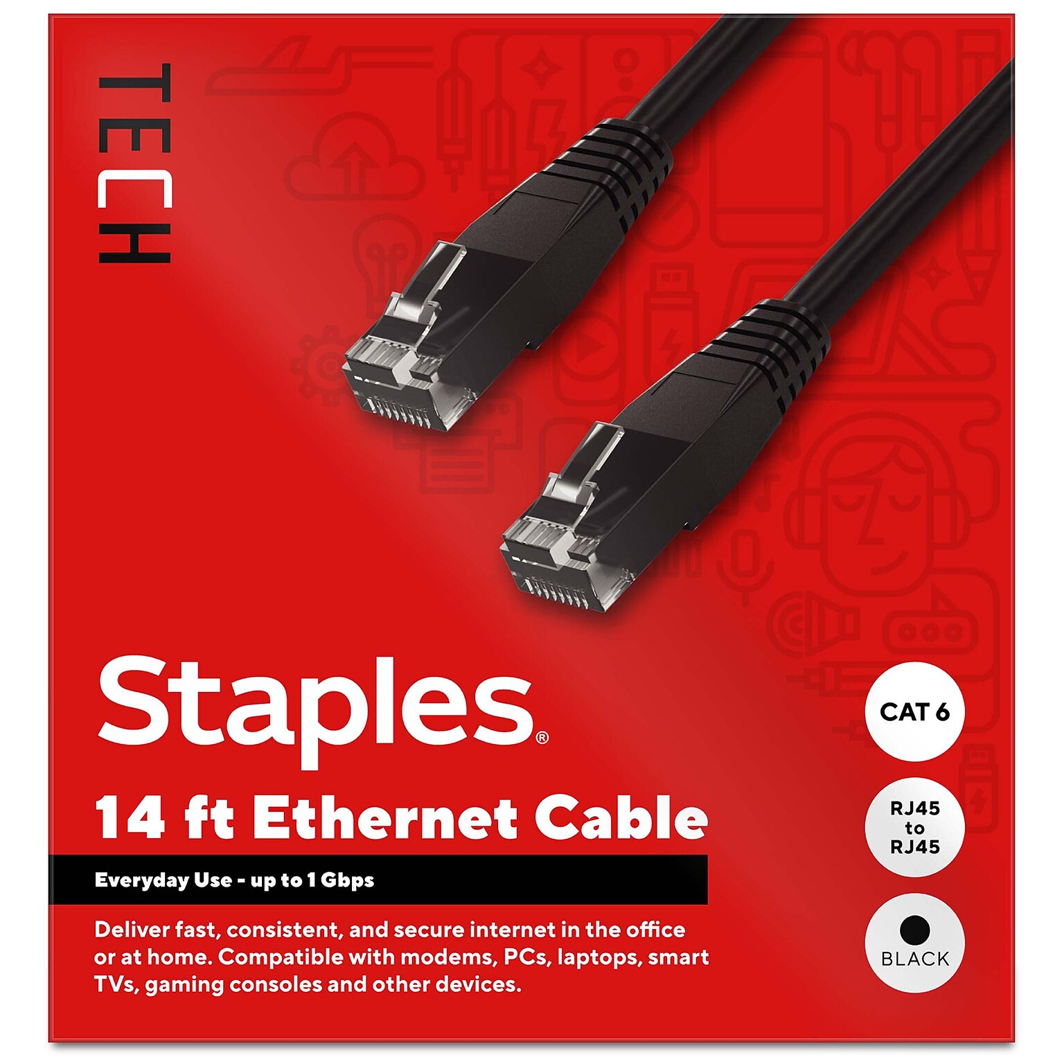 Staples TECH 14 ft. Cat-6 Ethernet Cable, Male to Male, Black (ST62456)
