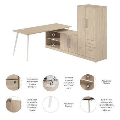 Bush Business Furniture Vista 72"W L Shaped Desk with Low Storage Cabinet and Wardrobe, Natural Elm (VST009NE)