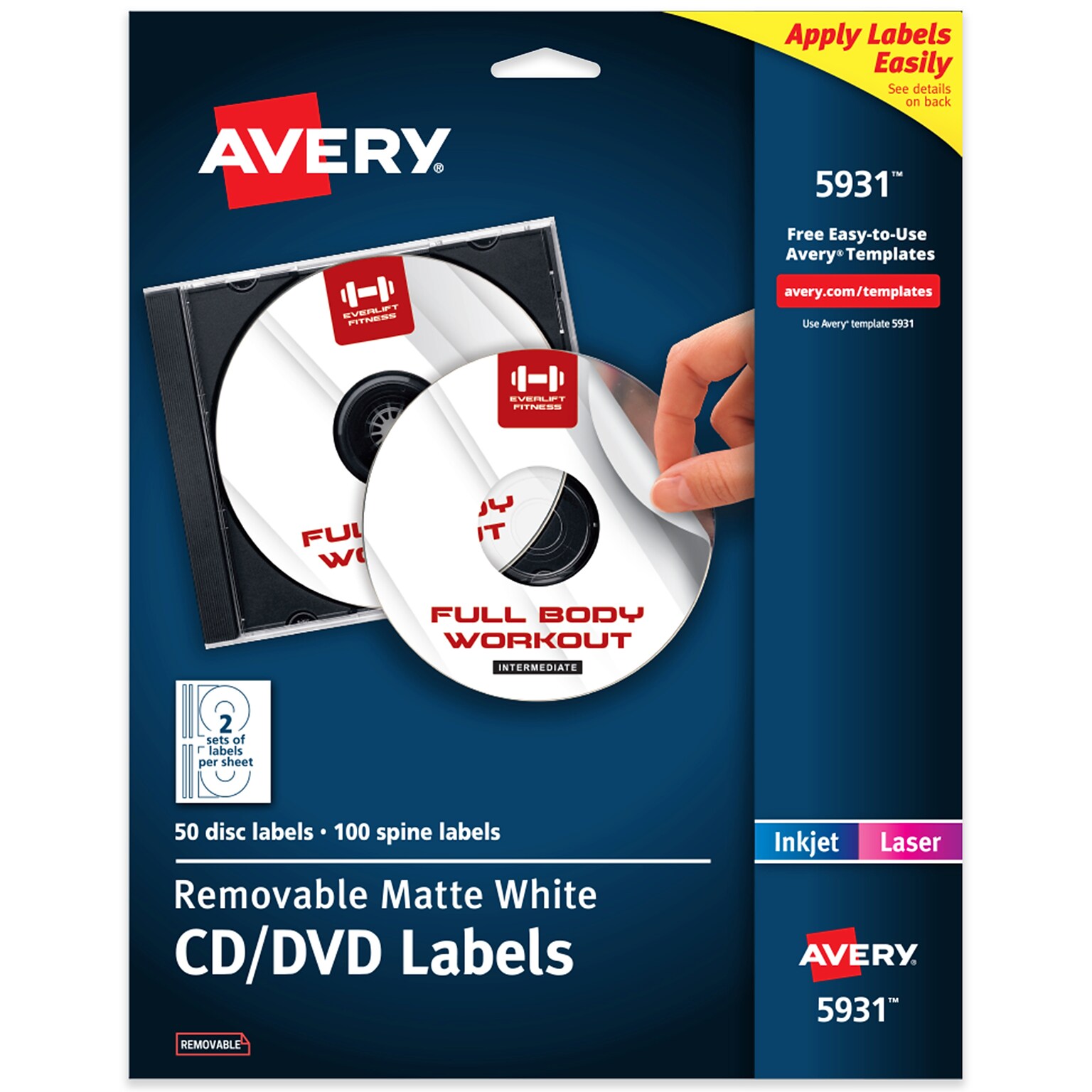 Avery Printable CD Labels, Removable, Laser/Inkjet, Matte White, 50 CD Labels & 100 Spine Labels/Pack (5931)
