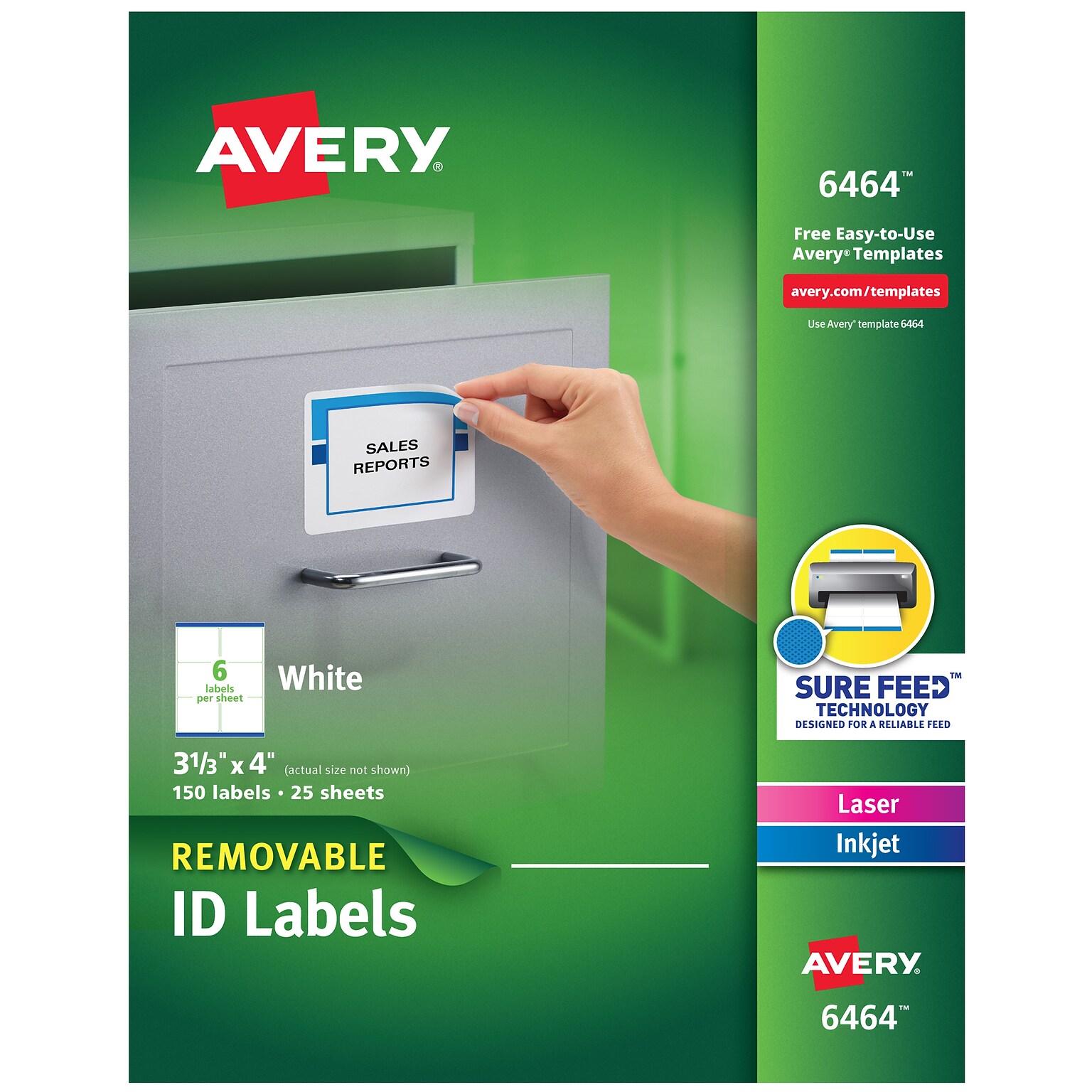 Avery Sure Feed Laser/Inkjet ID Labels, 3-1/3 x 4, White, 150 Labels/Pack (6464)