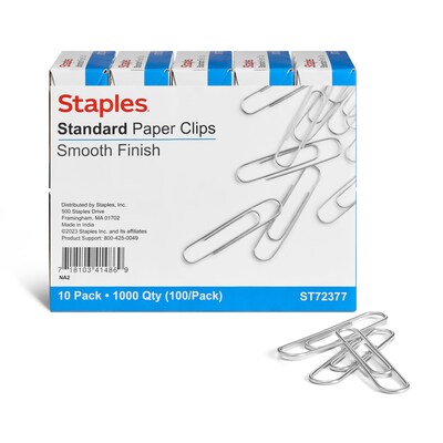 Staples® #1 Size Smooth Paper Clips, Silver, 100/Box, 10 Boxes/Pack (A7026607/72377)