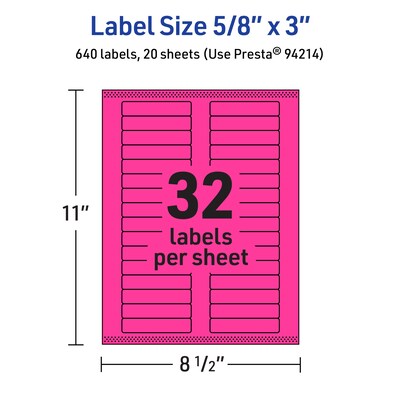 Avery Laser/Inkjet Rectangle Multipurpose Labels, 5/8" x 3", Neon Magenta, 640/Pack (94214)