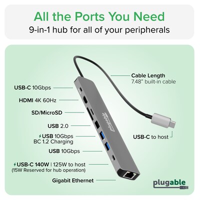 Plugable 9-Port USB-C Hub, Gray (USBC-9IN1E)