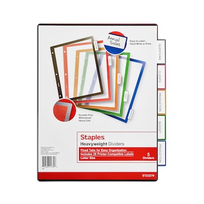 Staples® Better Print & Apply Label Plastic Dividers, 5-Tab, Assorted Colors (23279-CC)