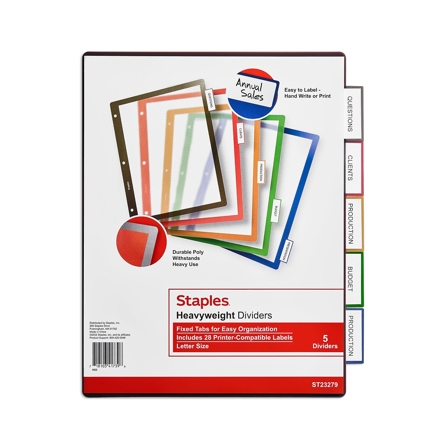 Staples® Better Print & Apply Label Plastic Dividers, 5-Tab, Assorted Colors (23279-CC)