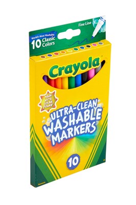 Crayola Ultra-Clean Washable Markers, Fine Line, Assorted Colors,  10/Box (58-7852)