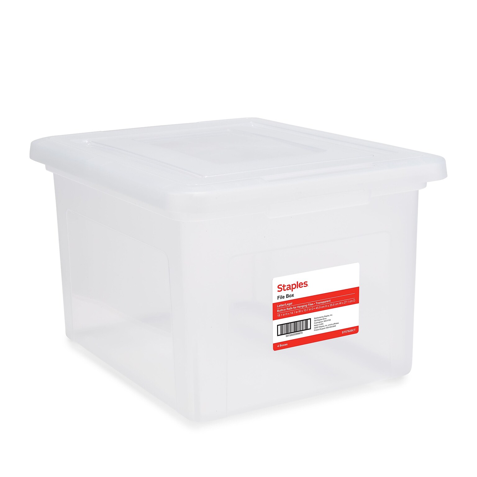 Staples Hanging File Box, Snap Lid, Letter/Legal Size, Clear, 4/Carton (TR57620CT)