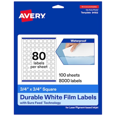 Avery Laser/Inkjet Square Waterproof Multipurpose Labels, 0.75  x 0.75, White, 8000/Box (94102)