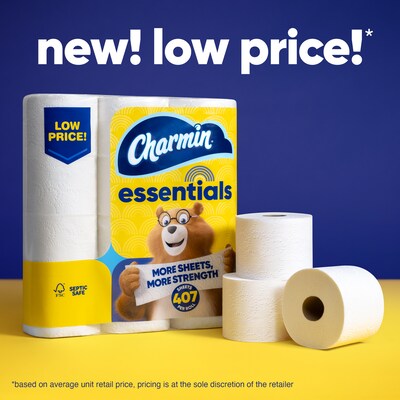 Charmin Essentials Mega Toilet Paper, 1-Ply, White, 407 Sheets/Roll, 9 Rolls/Pack, 4 Packs/Carton (04536)