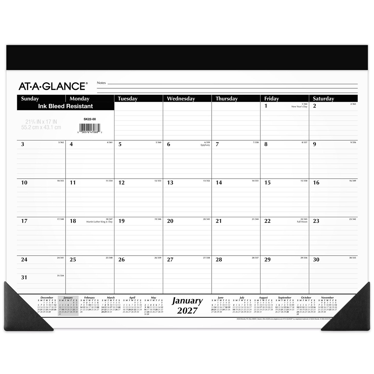 2027 AT-A-GLANCE 21.75 x 17 Monthly Desk Pad Calendar, White/Black (SK22-00-27)