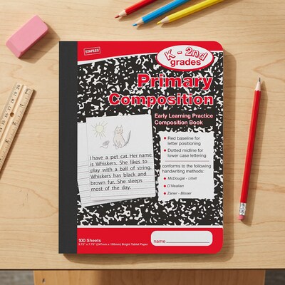 Staples® Composition Notebooks, 7.5" x 9.75", Primary Ruled, 100 Sheets, Black/Red, 12/Carton (42079CT)