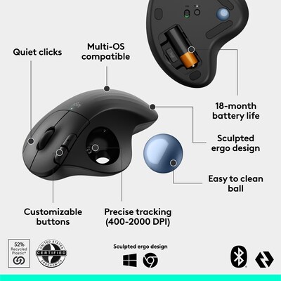 Logitech ERGO M575 Wireless Ergonomic Trackball Mouse, Black (910-007026)