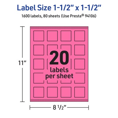Avery Laser/Inkjet Square Multipurpose Labels, 1.5" x 1.5", Bright Pink, 1600/Box (94106)
