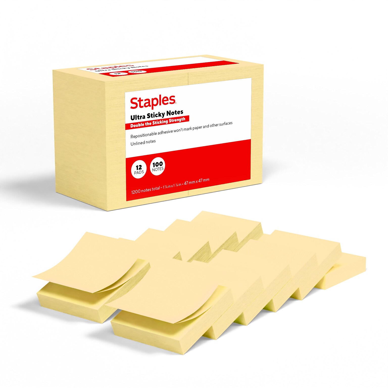Staples Ultra Sticky Notes, 1 7/8 x 1 7/8, Sunshine Collection, 100 Sheets/Pad, 12 Pads/Pack (ST62879)