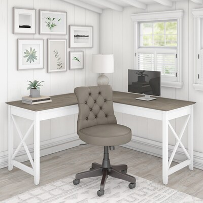 Bush Furniture Key West 60 L-Shaped Desk with Mid-Back Tufted Office Chair, Shiplap Gray/Pure White