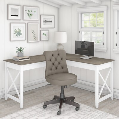 Bush Furniture Key West 60" L-Shaped Desk with Mid-Back Tufted Office Chair, Shiplap Gray/Pure White (KWS045G2W)